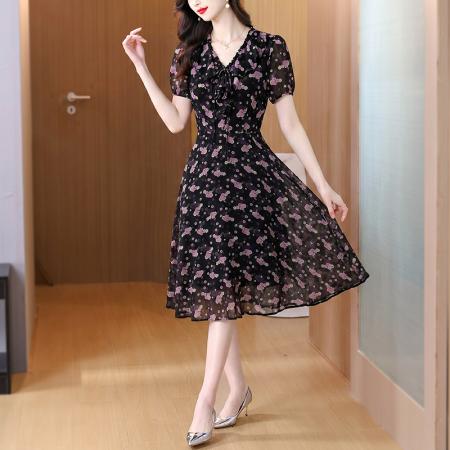 BY23514# 法式优雅气质碎花连衣裙女夏季新款v领收腰中长裙子 服裝批發女裝批發服飾貨源