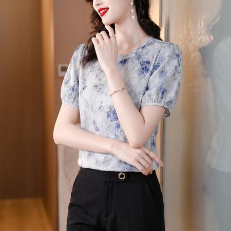 BY23520# 中国风印花小衫上衣女夏季新款圆领气质百搭短袖衬衫 服裝批發女裝批發服飾貨源