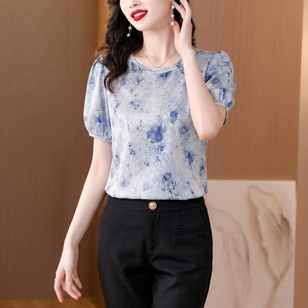 BY23520# 中国风印花小衫上衣女夏季新款圆领气质百搭短袖衬衫 服裝批發女裝批發服飾貨源