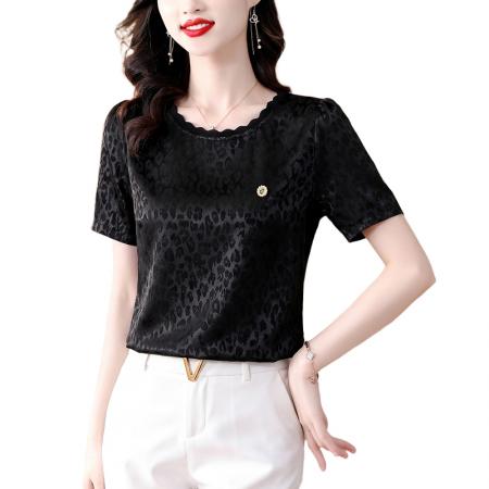 BY23523# 时尚百搭黑色提花T恤上衣女夏季新款气质高级感衬衫 服裝批發女裝批發服飾貨源