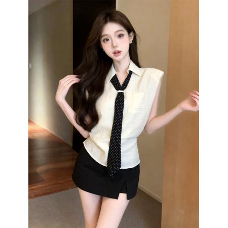 BY23533# 老钱风波点丝巾Polo领衬衫女夏季高级感无袖气质上衣 服裝批發女裝批發服飾貨源