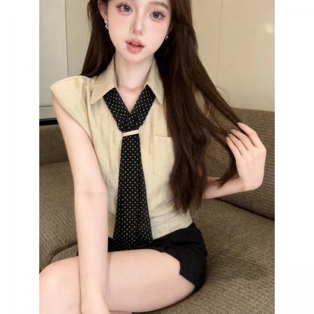 BY23533# 老钱风波点丝巾Polo领衬衫女夏季高级感无袖气质上衣 服裝批發女裝批發服飾貨源