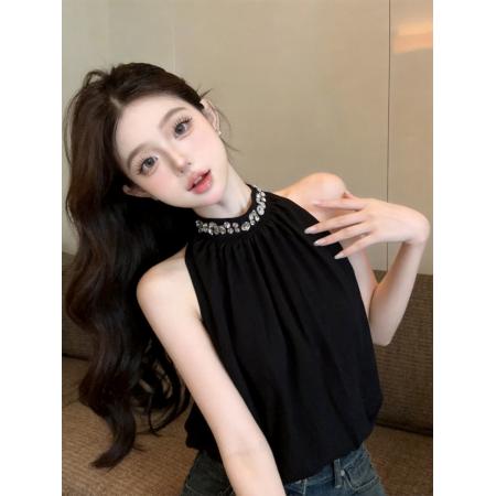 BY23536# 高级感水钻无袖挂脖上衣女气质雪纺衫显瘦上衣小个子 服裝批發女裝批發服飾貨源