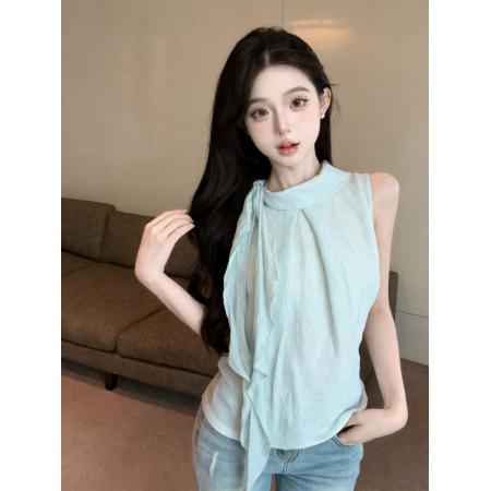 BY23537# 设计感飘带无袖背心衬衫女夏季洋气减龄别致好看上衣 服裝批發女裝批發服飾貨源