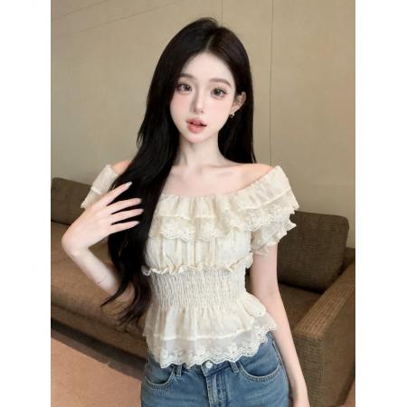 BY23539# 法式绝美蕾丝拼接一字肩短袖衬衫女夏季很仙减龄上衣 服裝批發女裝批發服飾貨源