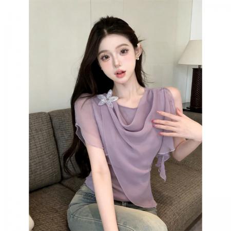 BY23542# 法式优雅荡领立体花设计短袖衬衫女夏氛围感雪纺上衣 服裝批發女裝批發服飾貨源