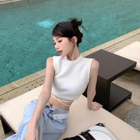 BY23544# 蓝色辣妹针织吊带背心女夏季内搭绑带短款修身设计感小众上衣外穿 服裝批發女裝批發服飾貨源