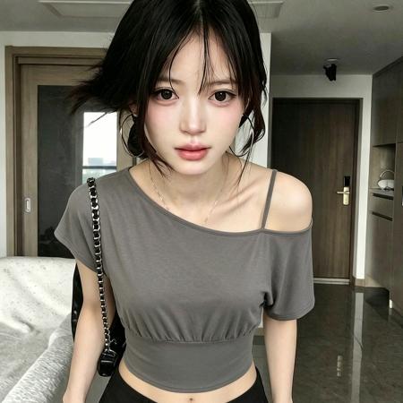 BY23545# 莱赛尔韩系斜露肩吊带收腰短袖t恤女夏季修身显瘦辣妹设计感上衣 服裝批發女裝批發服飾貨源