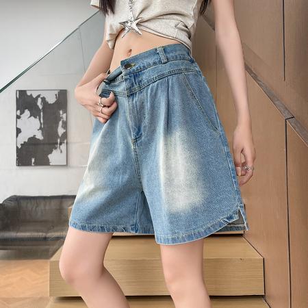 BY23546# 高腰收褶五分牛仔短裤女夏季宽松显瘦5分阔腿中裤女 服裝批發女裝批發服飾貨源