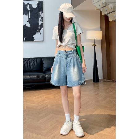 BY23546# 高腰收褶五分牛仔短裤女夏季宽松显瘦5分阔腿中裤女 服裝批發女裝批發服飾貨源