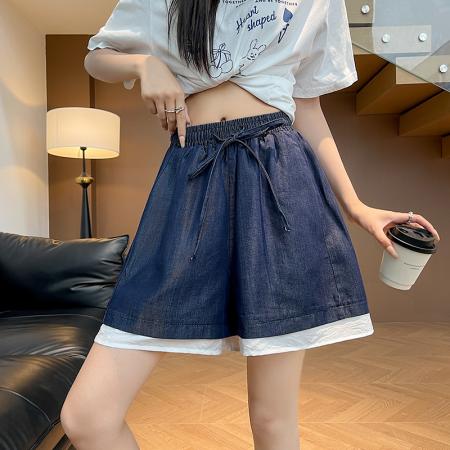 BY23547# 蕾丝拼接五分牛仔五分裤女夏季不掉色天丝直筒阔腿中裤子 服裝批發女裝批發服飾貨源
