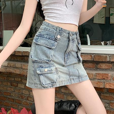 BY23558# 牛仔纯棉工装纯棉复古短裙女夏季走光高腰A字百褶半身裙子 服裝批發女裝批發服飾貨源