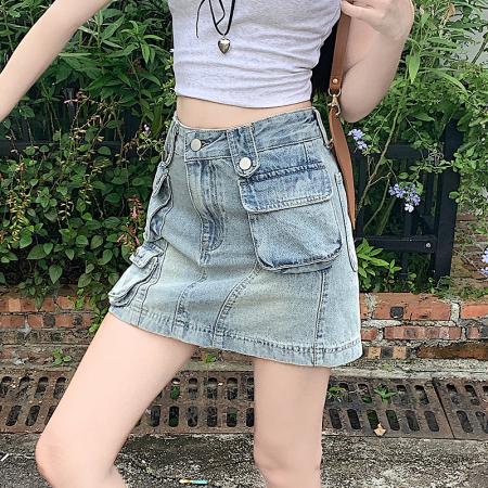 BY23558# 牛仔纯棉工装纯棉复古短裙女夏季走光高腰A字百褶半身裙子 服裝批發女裝批發服飾貨源
