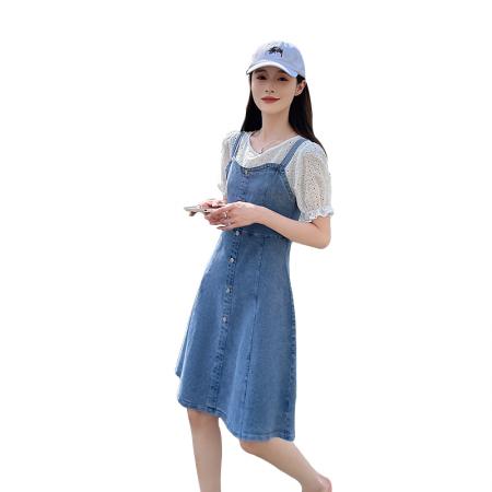 BY23561# 好质量牛仔背带连衣裙女春秋拼色花边做旧宽松直筒H型 服裝批發女裝批發服飾貨源