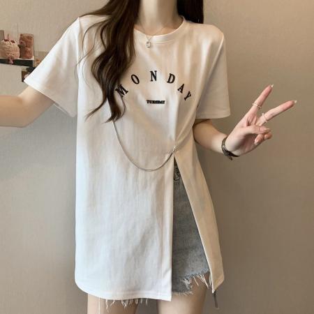 BY23567# 遮肚子宽松短袖t恤女夏季时尚韩版不规则显瘦开叉大码上衣服180斤 服裝批發女裝批發服飾貨源