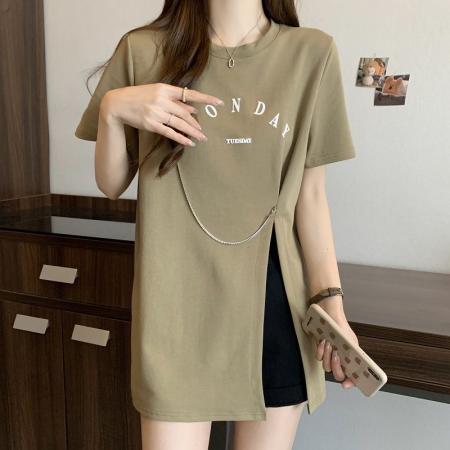 BY23567# 遮肚子宽松短袖t恤女夏季时尚韩版不规则显瘦开叉大码上衣服180斤 服裝批發女裝批發服飾貨源