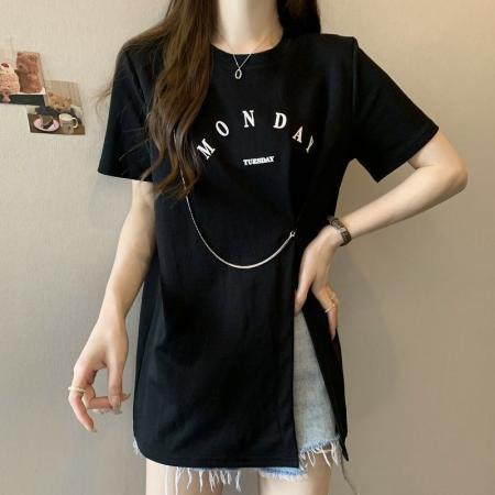 BY23567# 遮肚子宽松短袖t恤女夏季时尚韩版不规则显瘦开叉大码上衣服180斤 服裝批發女裝批發服飾貨源