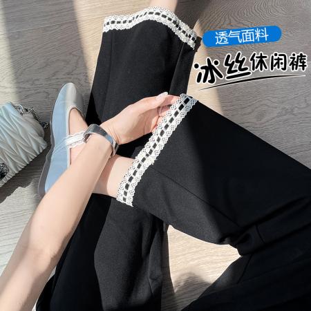 BY23572# 显瘦休闲裤夏款凉感弹力小个子修身九分裤雷斯拼接设计感小众 服裝批發女裝批發服飾貨源