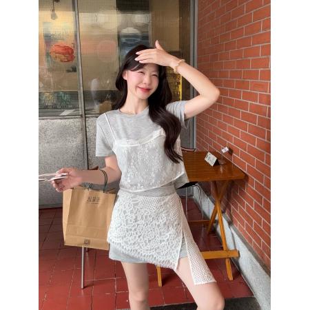 BY23573# 大码夏季休闲风蕾丝短袖上衣+半身裙两件套 服裝批發女裝批發服飾貨源