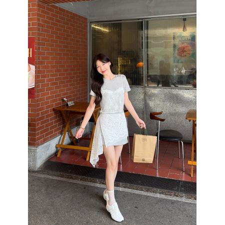 BY23573# 大码夏季休闲风蕾丝短袖上衣+半身裙两件套 服裝批發女裝批發服飾貨源