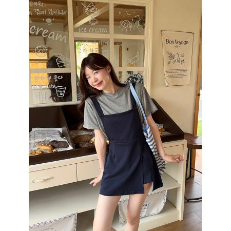 BY23577# 大码减龄套装圆领百搭简约宽松短袖高腰背带裙裤两件套 服裝批發女裝批發服飾貨源