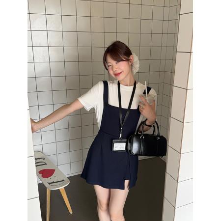 BY23577# 大码减龄套装圆领百搭简约宽松短袖高腰背带裙裤两件套 服裝批發女裝批發服飾貨源