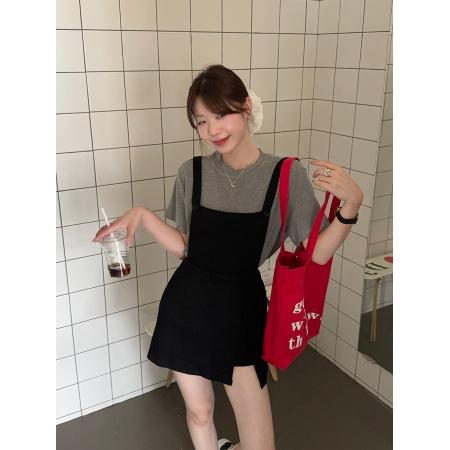 BY23577# 大码减龄套装圆领百搭简约宽松短袖高腰背带裙裤两件套 服裝批發女裝批發服飾貨源