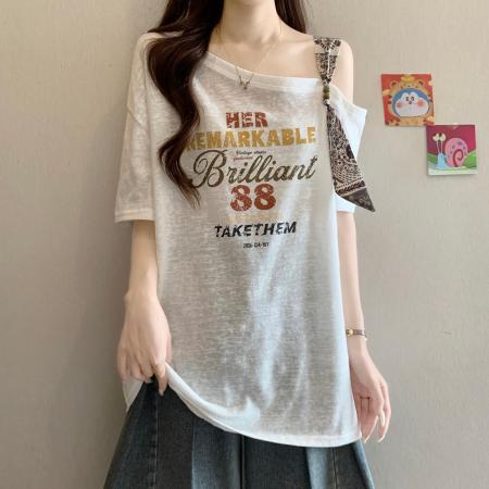 BY23582# 大码女装斜肩领系带字母印花短袖T恤女夏新款胖妹妹宽松百搭上衣 服裝批發女裝批發服飾貨源