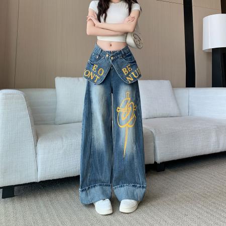 BY23584# 双腰搭片牛仔印花裤子女春夏新款同款时尚阔腿裤子 服裝批發女裝批發服飾貨源