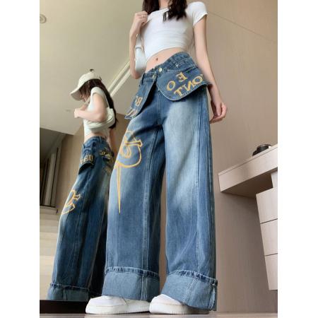 BY23584# 双腰搭片牛仔印花裤子女春夏新款同款时尚阔腿裤子 服裝批發女裝批發服飾貨源