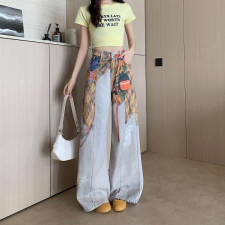 BY23586# 美式复古屁帘印花牛仔裤女夏季新款时髦高腰宽松阔腿裤 服裝批發女裝批發服飾貨源