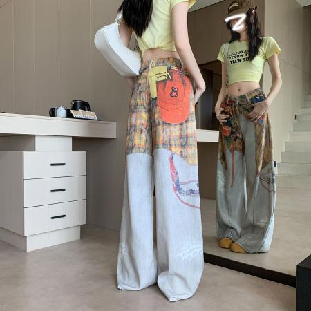 BY23586# 美式复古屁帘印花牛仔裤女夏季新款时髦高腰宽松阔腿裤 服裝批發女裝批發服飾貨源