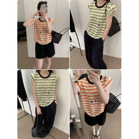 BY23591# 夏上新清新条纹刺绣薄款透气飞袖圆领针织衫 服裝批發女裝批發服飾貨源