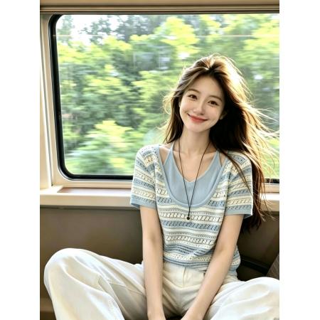 BY23592# 海盐物语温柔风撞色假两件吊带针织衫女夏季气质镂空短袖上衣 服裝批發女裝批發服飾貨源