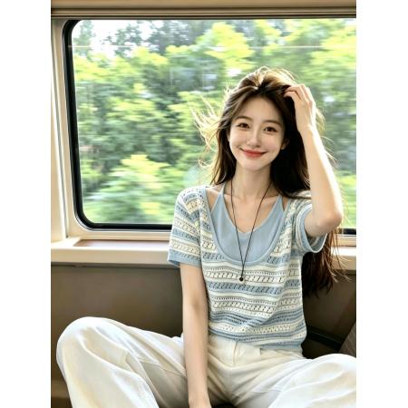 BY23592# 海盐物语温柔风撞色假两件吊带针织衫女夏季气质镂空短袖上衣 服裝批發女裝批發服飾貨源