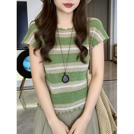 BY23593# 绿色条纹木耳边短袖针织衫女夏季新款韩系减龄气质薄款上衣 服裝批發女裝批發服飾貨源