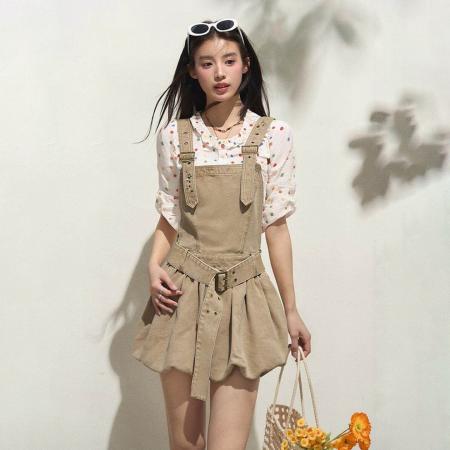 BY23595# 新中式时尚个性卡其背带连衣裙女夏季收腰设计感复古牛仔裙子 服裝批發女裝批發服飾貨源