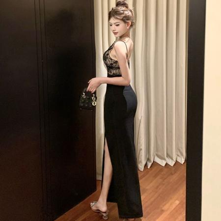 BY23605# 名媛轻奢高端礼服裙性感V领蕾丝拼接风情万种开叉吊带连衣裙 服裝批發女裝批發服飾貨源