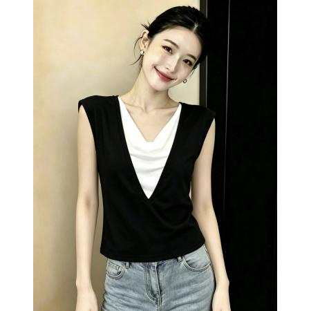 BY23614# 通勤风无袖假两件荡领夏季时尚上衣女显瘦设计感小众高级女装 服裝批發女裝批發服飾貨源