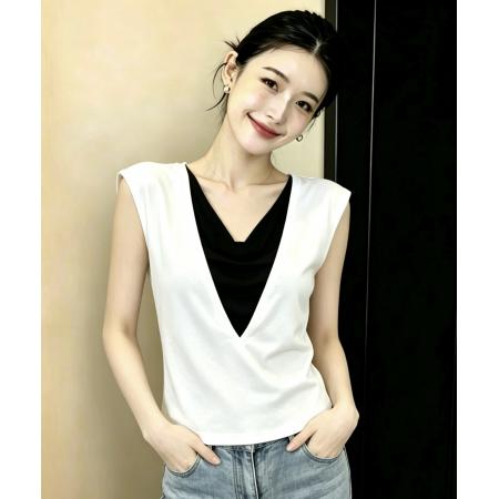 BY23614# 通勤风无袖假两件荡领夏季时尚上衣女显瘦设计感小众高级女装 服裝批發女裝批發服飾貨源