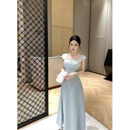 BY23631# 缎面轻奢感宴会礼服裙重工珠片吊带长款大摆连衣裙 服裝批發女裝批發服飾貨源