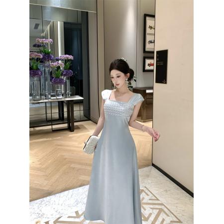 BY23631# 缎面轻奢感宴会礼服裙重工珠片吊带长款大摆连衣裙 服裝批發女裝批發服飾貨源
