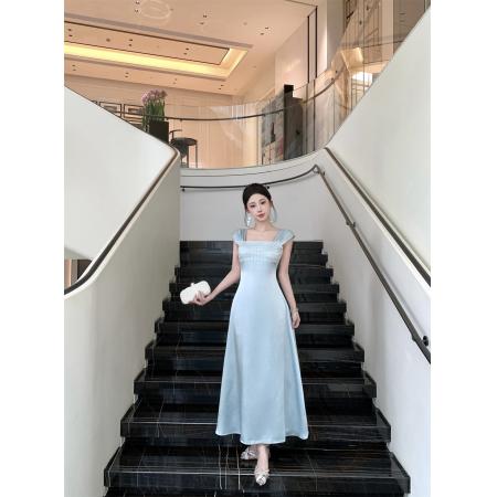 BY23631# 缎面轻奢感宴会礼服裙重工珠片吊带长款大摆连衣裙 服裝批發女裝批發服飾貨源