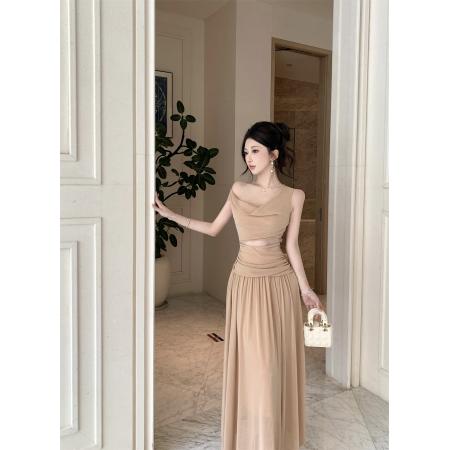 BY23638# 无袖荡领蕾丝花边连衣裙气质露肩绝美开叉长裙 服裝批發女裝批發服飾貨源