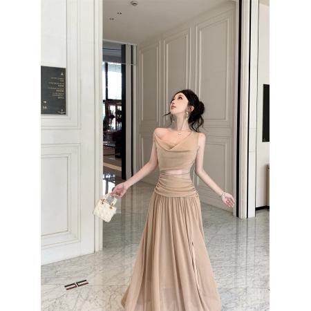 BY23638# 无袖荡领蕾丝花边连衣裙气质露肩绝美开叉长裙 服裝批發女裝批發服飾貨源