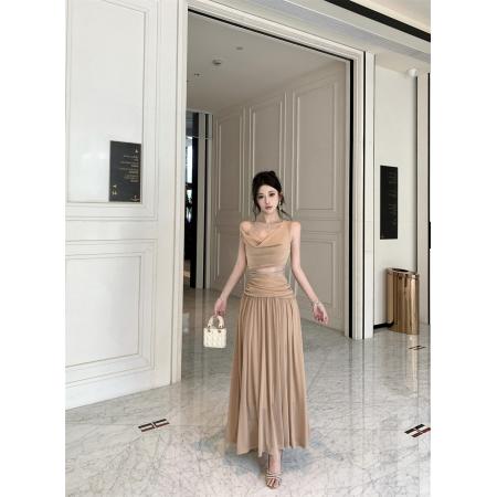 BY23638# 无袖荡领蕾丝花边连衣裙气质露肩绝美开叉长裙 服裝批發女裝批發服飾貨源