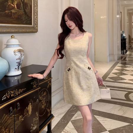 BY23642# 实体品质法式千金小香风连衣裙收腰方领无袖带口袋短裙子 服裝批發女裝批發服飾貨源