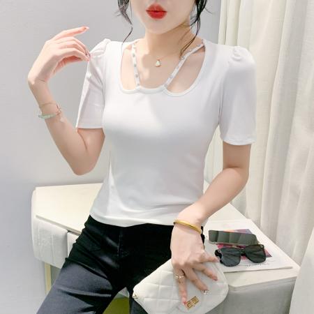 BY23654# 夏季新款镂空显瘦独特别致气质短袖T恤上衣女 服裝批發女裝批發服飾貨源