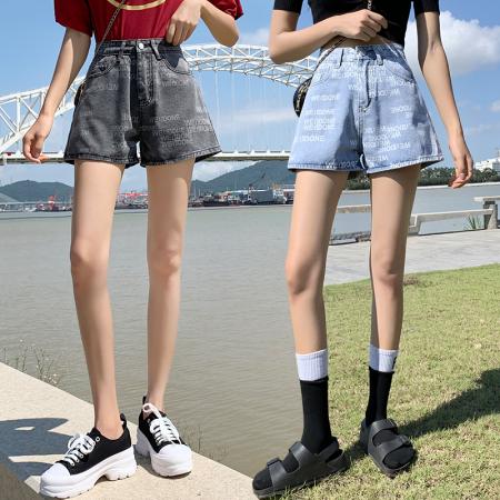 BY23663# 印花阔腿牛仔短裤女夏季韩版高腰简约ins直筒哈伦热裤潮 服裝批發女裝批發服飾貨源