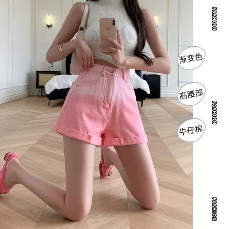 BY23668# 撞色渐变色牛仔阔腿短裤女夏季韩版高腰提臀显瘦哈伦热裤 服裝批發女裝批發服飾貨源